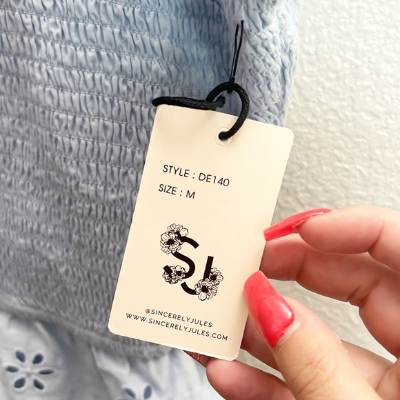 Sincerely Jules Light Blue Smocked Tiered Floral Tank Top Tie Strap Mini Dress - Picture 5 of 9